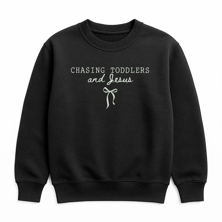 Chasing Jesus And Toddlers Sweatshirt | Coquette Bow Aesthetic Faith Based Graphic | Cotton Blend Premium Crewneck | Christian Teacher Gift
