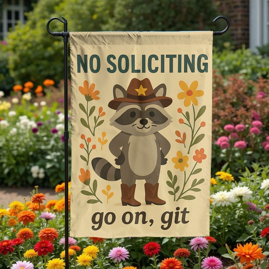 No Soliciting Garden Flag | Cowboy Raccoon Funny Yard Sign | Weather-Resistant Premium Polyester | Rustic Country Front Porch Decor Gift