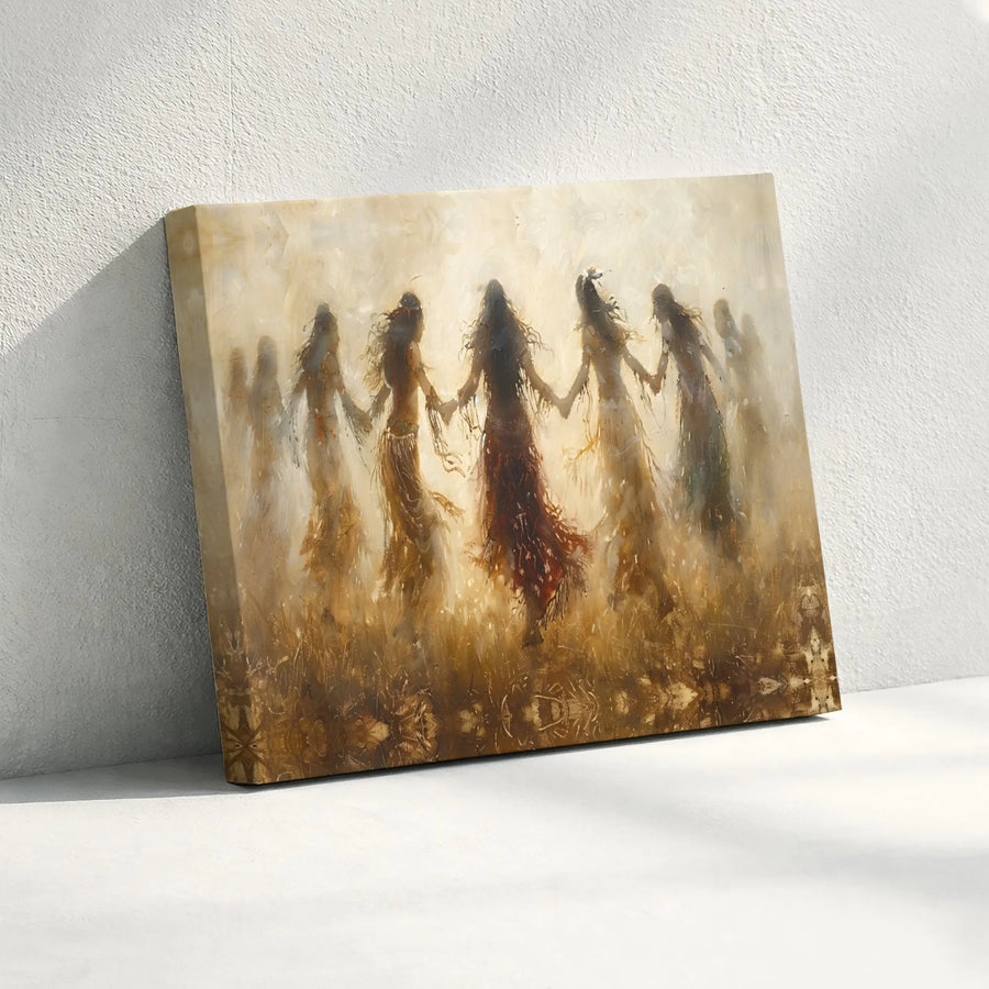 Dancing Women Circle Canvas Art | Ethereal Impressionist Silhouette Wall Decor | Premium 1.25" Gallery Wrap | Gift for Art Lovers