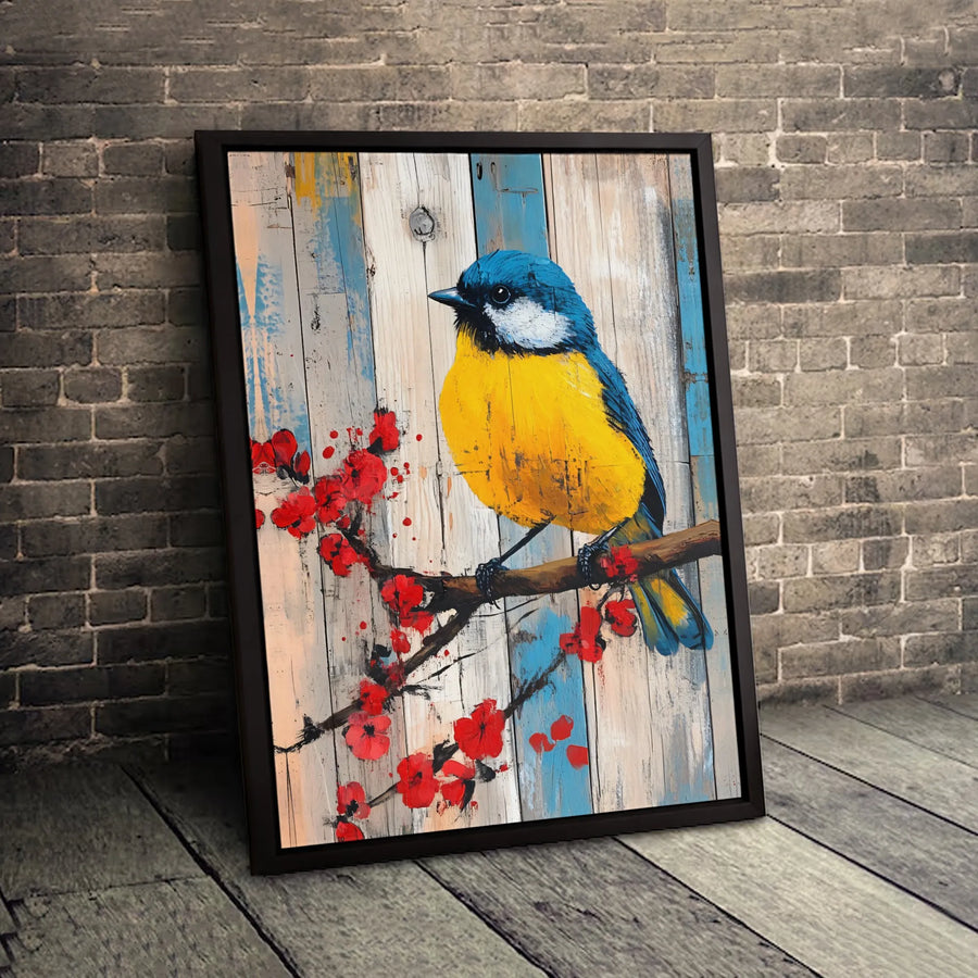 Blue and Yellow Bird Canvas Wall Art | Rustic Wood Floral Branch Painting | Premium Fade-Resistant Print | Nature Home Decor for Living Room