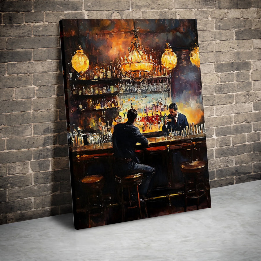Whiskey Bar Canvas Wall Art | Impressionist Painting Print | Premium Gallery Wrap Canvas | Man Cave Decor Gift for Him