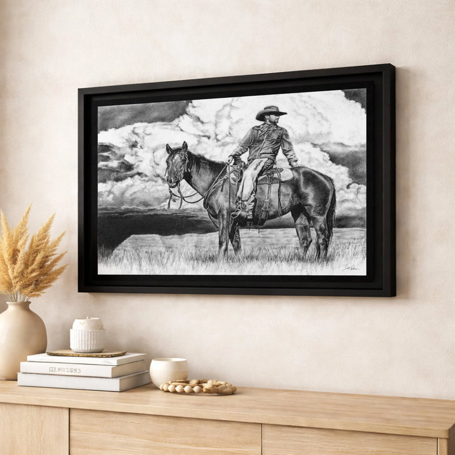 Western Cowboy on Horseback Wall Art | Charcoal Pencil Drawing Style | Premium Gallery Wrap Canvas | Rustic Home Decor Gift for Him