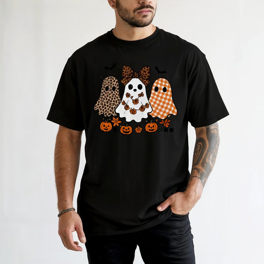 Cute Ghost Halloween T-Shirt | Leopard Plaid Pumpkin Bow Graphic | 100% Cotton Premium Comfort Tee | Spooky Season Gift for Her