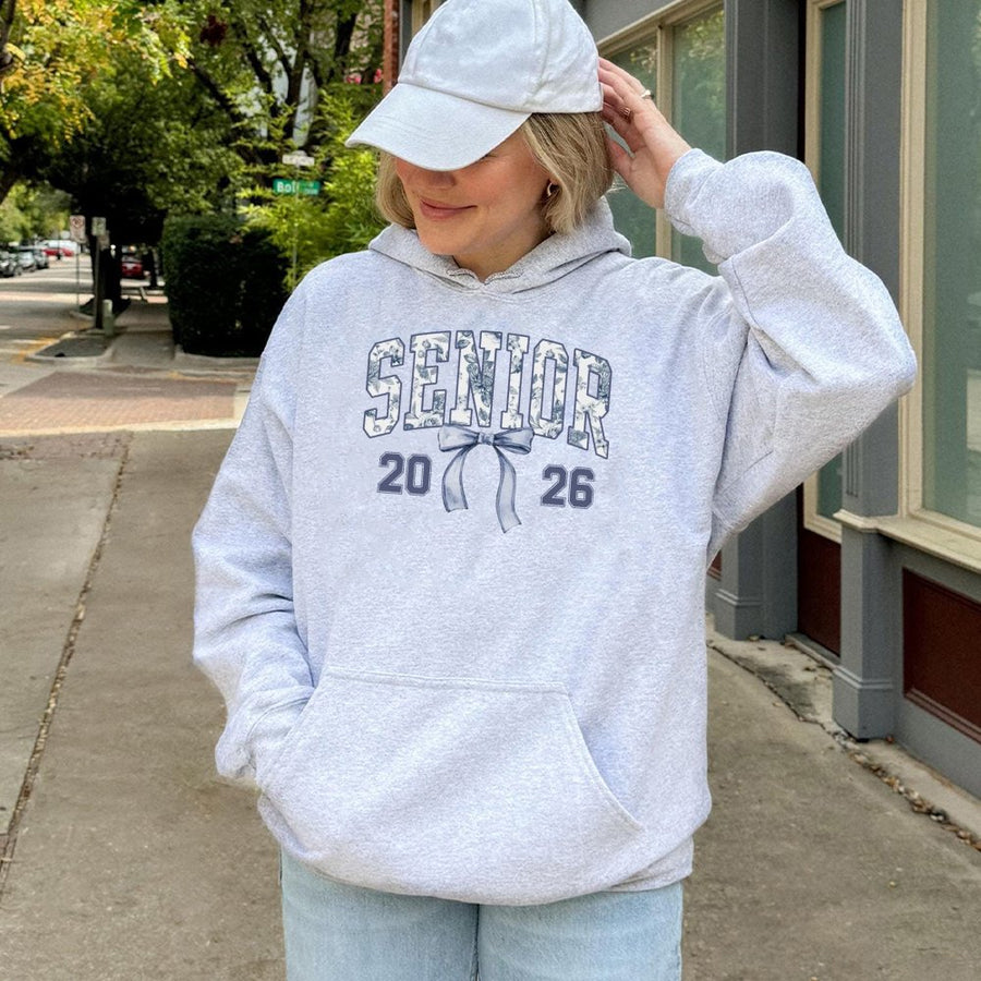 Senior 2026 Hoodie | Coquette Blue Toile Bow Aesthetic | Cotton-Polyester Premium Blend | Graduation Gift for Her