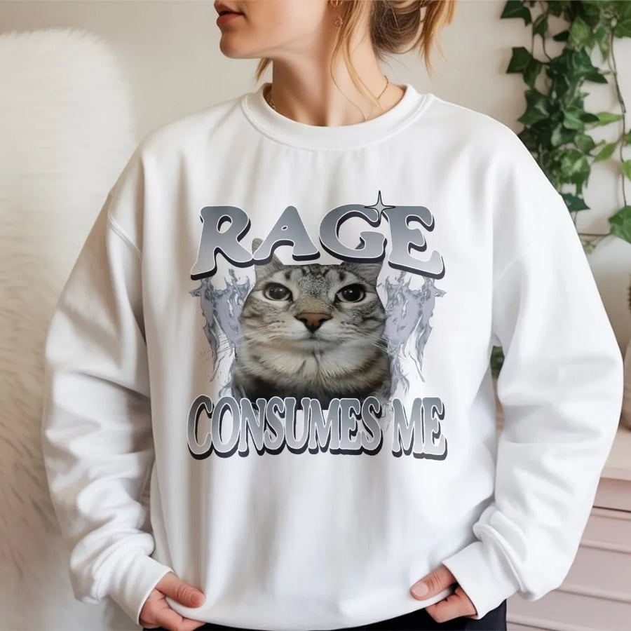 Rage Consumes Me Cat Sweatshirt | Funny Grumpy Kitten Graphic | Premium Cotton Blend Crewneck | Edgy Aesthetic Meme Gift for Cat Lovers