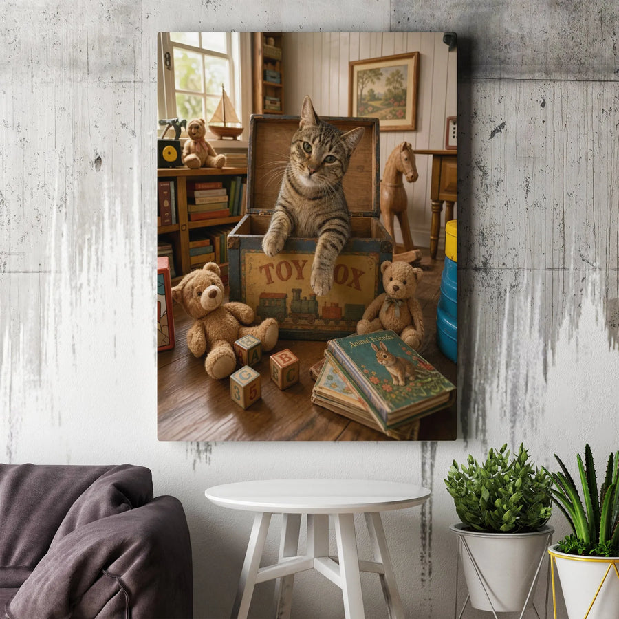 Tabby Cat in Vintage Toy Box Vertical Canvas | Rustic Playroom Scene with Teddy Bears | Premium 1.25" Gallery Wrap | Cozy Nursery Wall Art & Gift for Cat Lovers