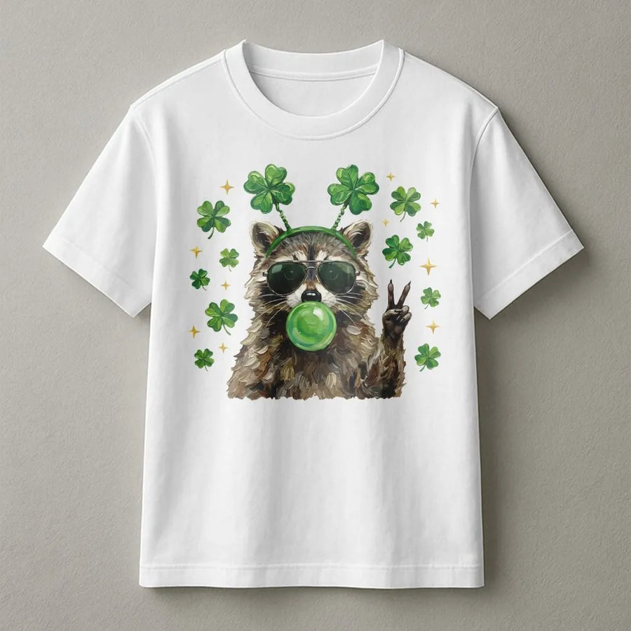 Lucky Raccoon T-Shirt | St Patricks Day Peace Sign Graphic | 100% Cotton Premium Tee | Funny Irish Animal Gift For Men And Women