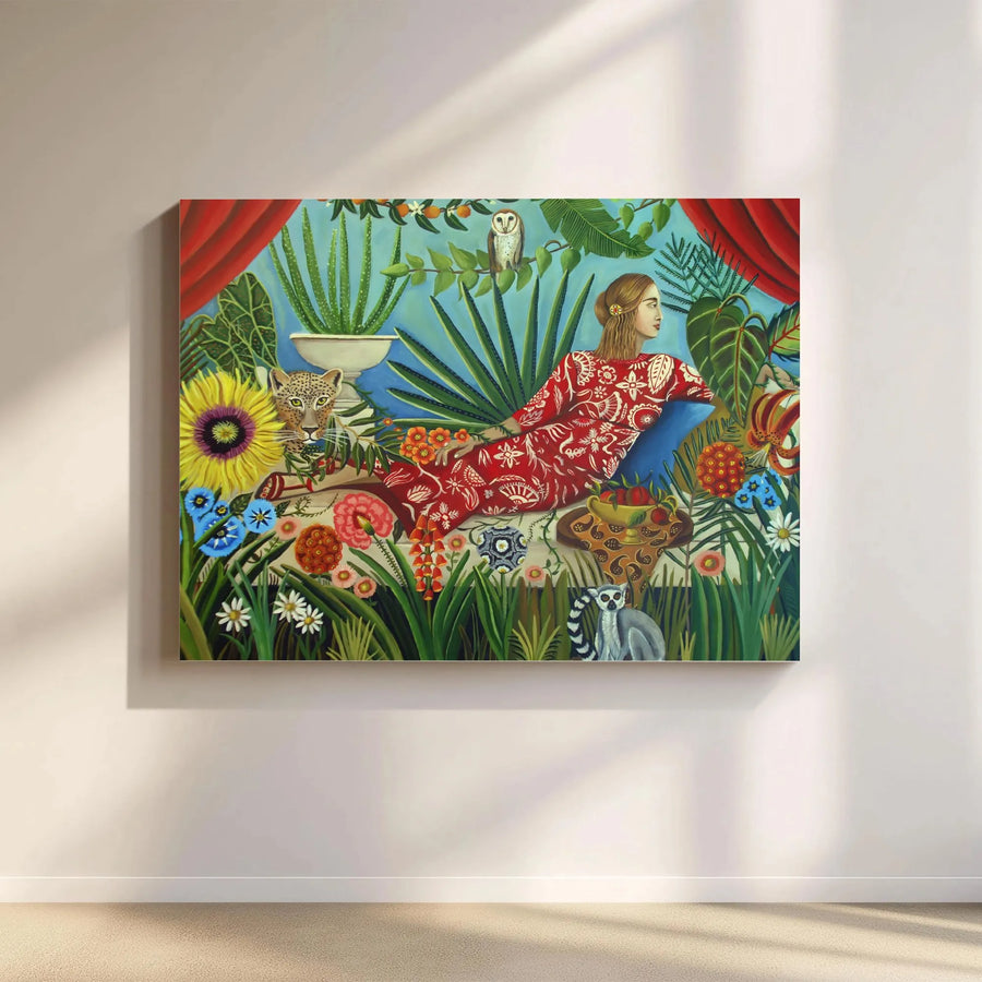 Tropical Jungle Canvas Wall Art | Vibrant Woman with Leopard Painting | Premium Gallery Wrapped Canvas | Eclectic Bohemian Home Decor Gift
