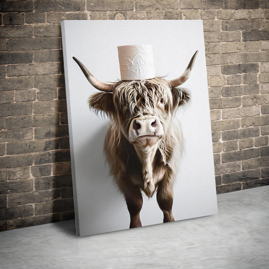 Highland Cow Wall Art | Funny Toilet Paper Head Canvas Print | Premium Gallery Wrap Decor | Farmhouse Bathroom Wall Decor for Home