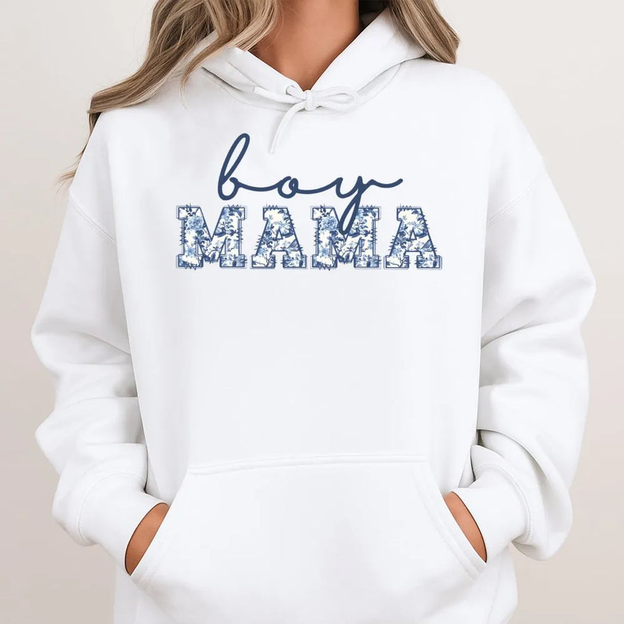 Boy Mama Hoodie | Blue Toile Floral Lettering Design | Premium Cotton Blend Comfort | New Mom Pregnancy Announcement Baby Shower Gift