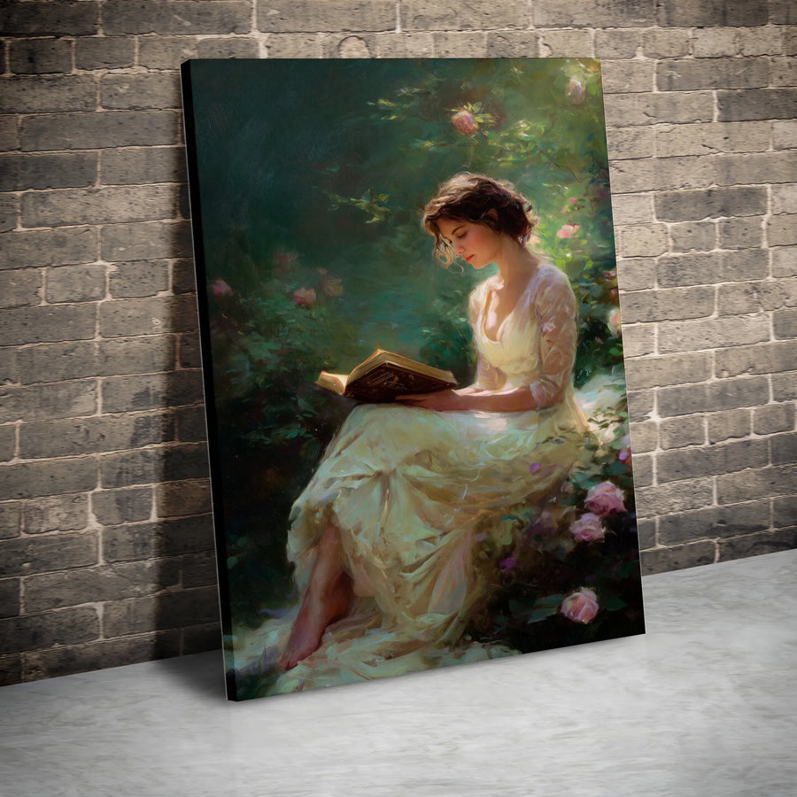 Woman Reading In Rose Garden Canvas | Romantic Impressionist Art Print | 1.25 Inch Gallery Wrap | Elegant Home Decor Gift For Her