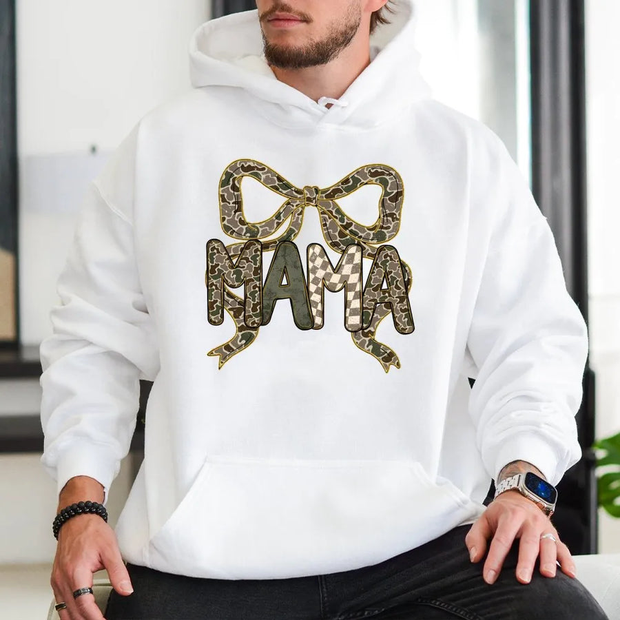 Mama Bow Hoodie | Trendy Camo And Checkered Graphic | Premium Cotton Blend Pullover | Cute Mother's Day 2026 Gift For Mom