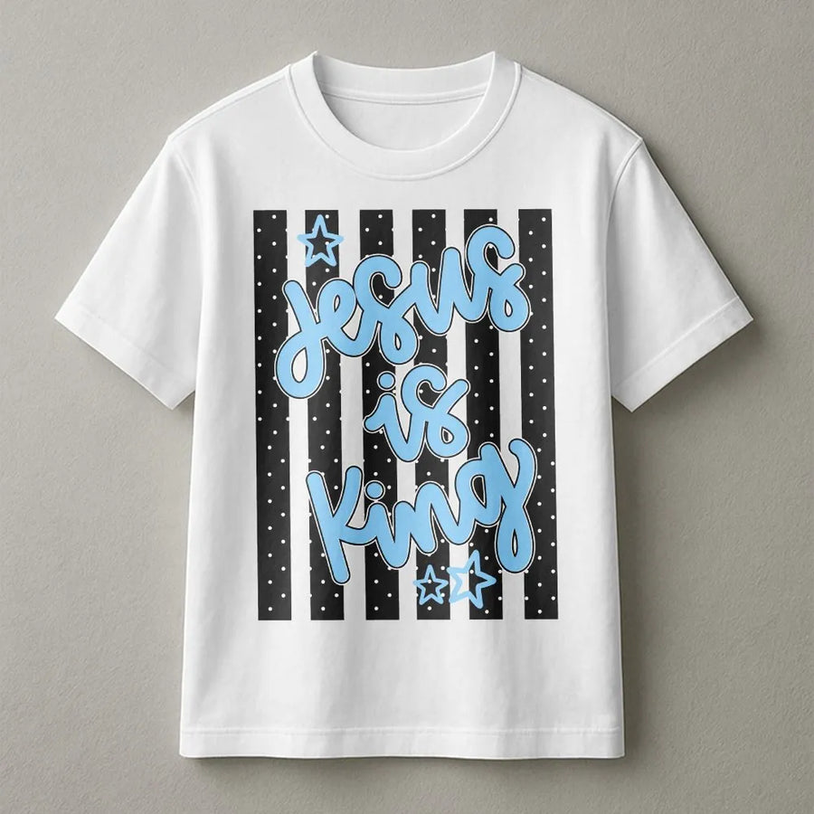 Jesus Is King T-Shirt | Trendy Striped Polka Dot Graphic | Premium Cotton-Poly Blend | Inspirational Gift for Christian Women