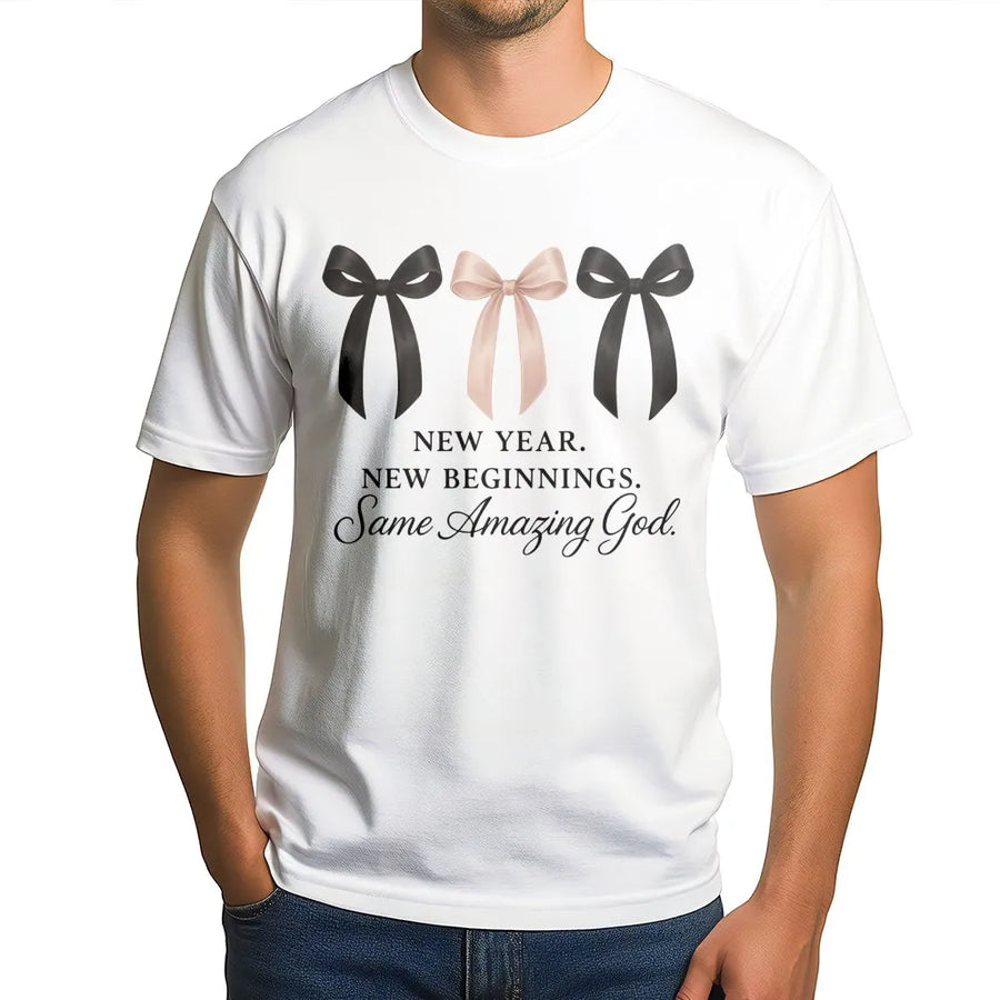 New Year New Beginnings Same Amazing God T-Shirt | Christian Ribbon Graphic Print | Premium Soft Cotton Tee | Faith-Based Gift for Women & Men