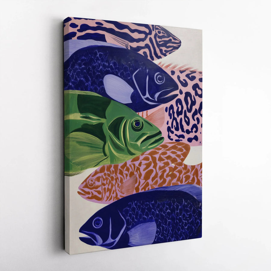 Modern Fish Canvas Wall Art | Vibrant Pop Art Fish Pattern | Premium Gallery Wrapped Canvas | Modern Coastal Home Decor Gift