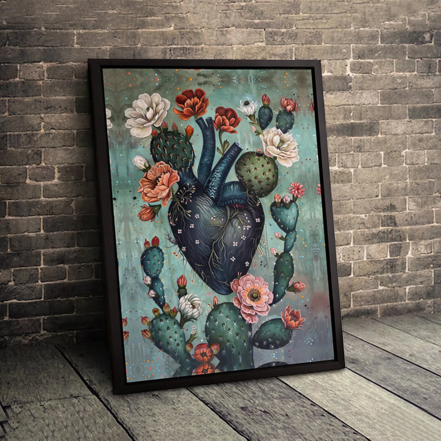 Anatomical Heart Canvas Art | Blooming Cactus Floral Print | Premium Gallery Wrapped Wall Decor | Unique Botanical Surgeon Gift