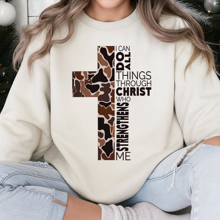 I Can Do All Things Through Christ Sweatshirt | Camo Cross Graphic Print | Premium Cotton Blend Crewneck | Inspirational Christian Faith Gift