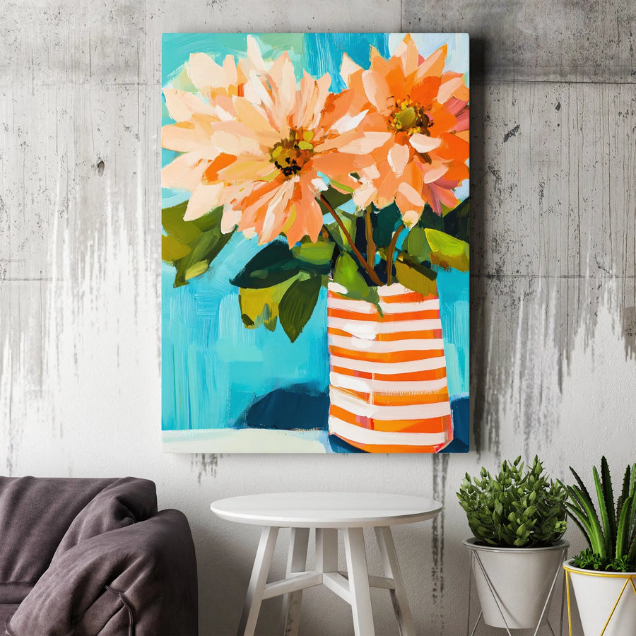 Orange Flower Wall Art | Abstract Floral Painting in Striped Vase | Premium 1.25-Inch Gallery Canvas | Modern Living Room Decor Gift