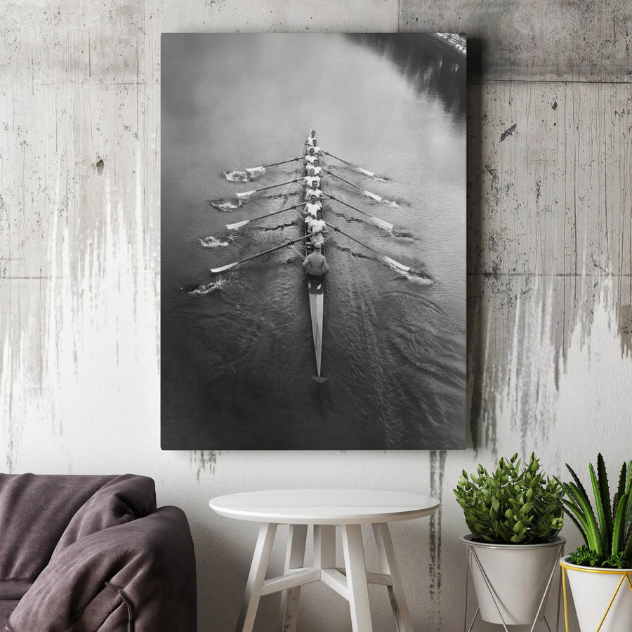 Vintage Rowing Team Canvas | Black and White Crew Scull Art | Premium 1.25-Inch Gallery Wrap | Gift for Rowers and Sports Enthusiasts