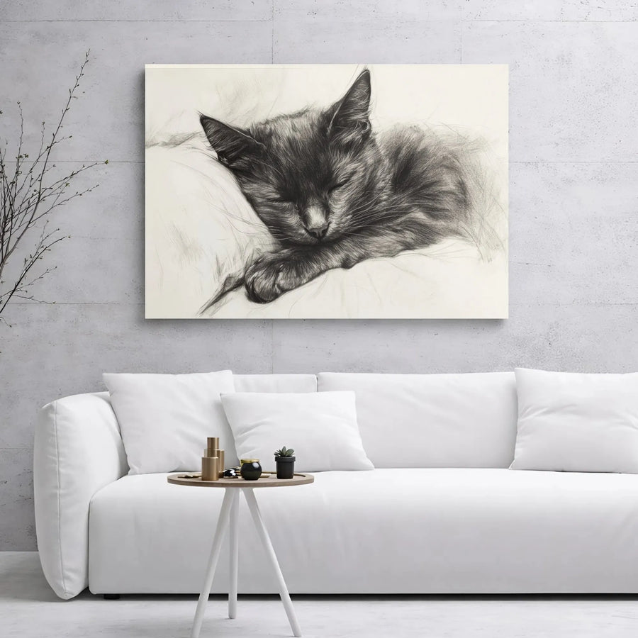 Sleeping Kitten Wall Art | Pencil Sketch Cat Illustration | Premium Gallery Wrap Canvas | Nursery Or Home Office Decor Gift