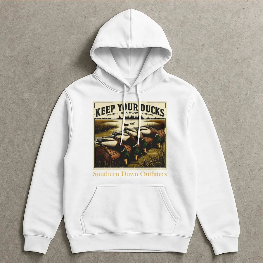 Duck Hunting Hoodie | Keep Your Ducks In A Row Wildlife Graphic | Premium Cotton Blend | Gift For Outdoorsman And Nature Lover