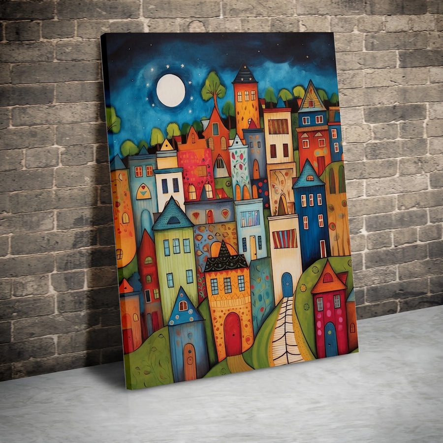 Whimsical Town Canvas Print | Colorful Folk Art Cityscape | Thick Gallery Wrap Canvas | Unique Home Decor Gift