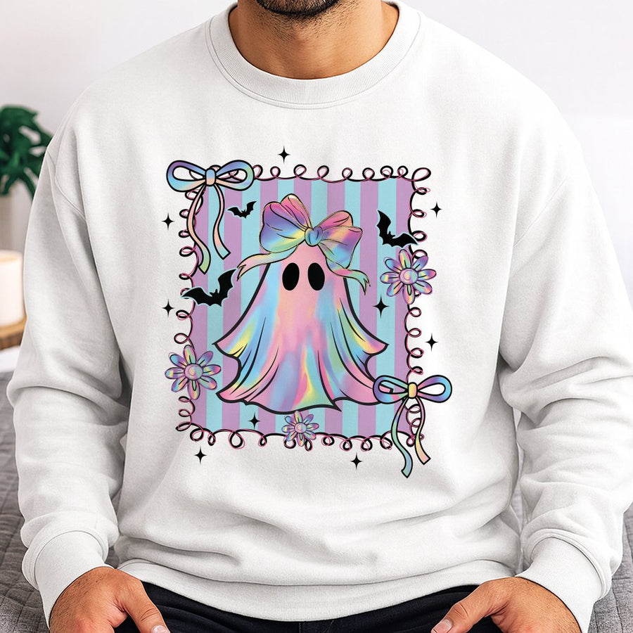 Coquette Ghost Sweatshirt | Iridescent Bow Halloween Aesthetic | Soft Cotton Blend Crewneck | Cute Spooky Season Gift For Her