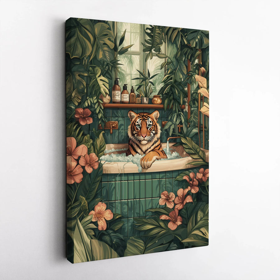 Tiger in Bathtub Vertical Canvas | Surreal Jungle Bathroom Art | Premium Canvas Print | Unique Botanical Gift for Animal Lovers