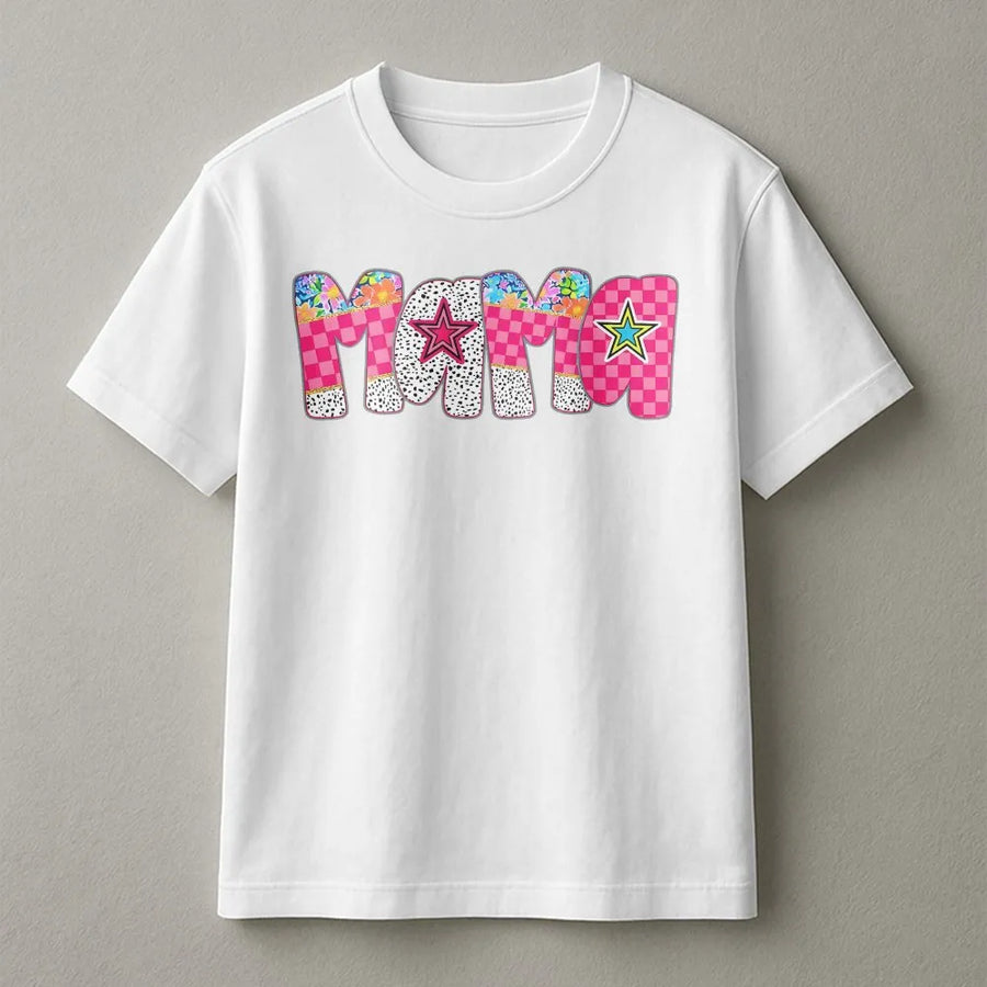 Retro Mama T-Shirt | Pink Checkerboard Star Graphic | 100% Cotton Premium Tee | Trendy Mother's Day 2026 Gift for Mom