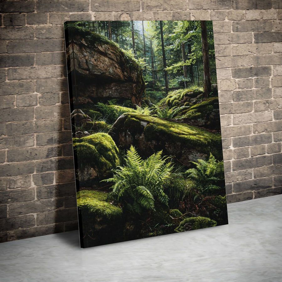 Mossy Forest Canvas Wall Art | Sunlit Woodland Scene with Lush Ferns | Premium Fade-Resistant Canvas | Nature Lover Gift for Living Room