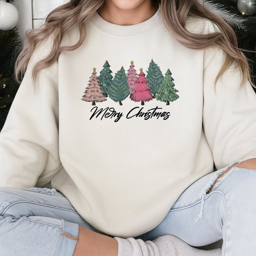Merry Christmas Sweatshirt | Pink Aesthetic Christmas Tree Design | Premium Cotton Blend Crewneck | Cute Holiday Gift For Her