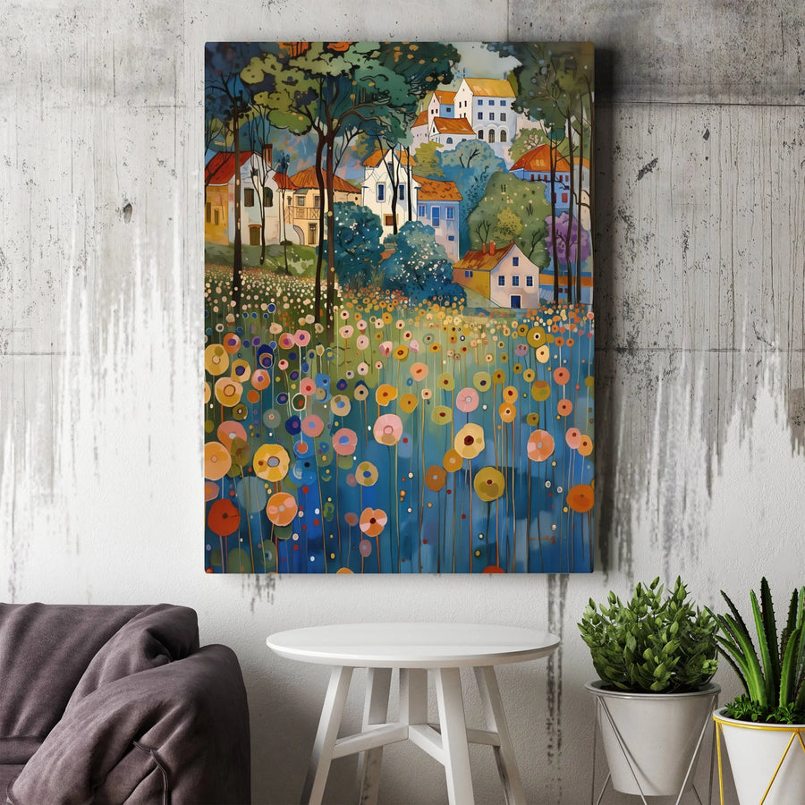 Colorful Hillside Village Canvas | Abstract Meadow Floral Wall Art | Premium Fade-Resistant Gallery Print | Modern Home Decor Gift