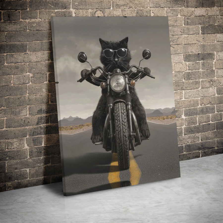Black Cat on Motorcycle Canvas Wall Art | Cool Biker Kitty Print | Premium Gallery Wrap Decor | Unique Gift for Cat Lovers & Motorcycle Riders
