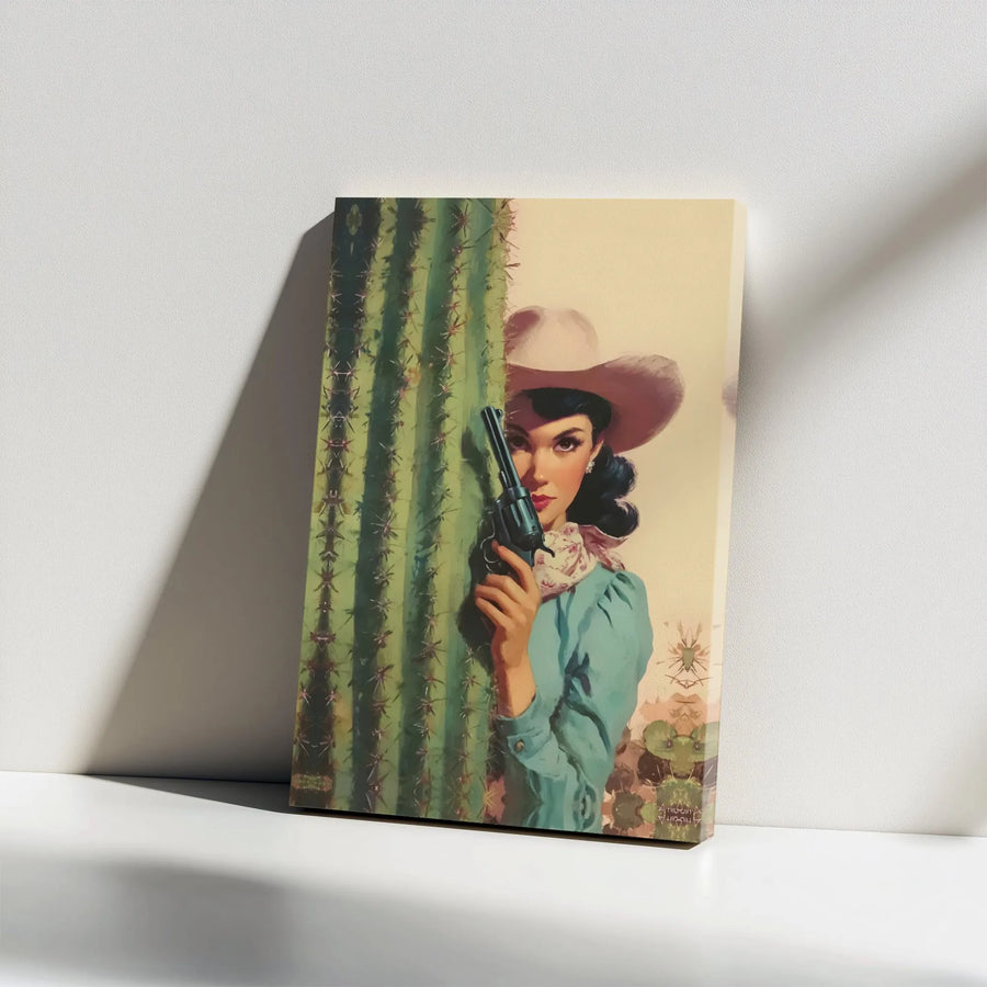 Western Cowgirl Canvas Wall Art | Vintage Pin-Up Desert Revolver Print | Gallery Wrap 1.25" Professional Decor | Rustic Gift for Home or Bar