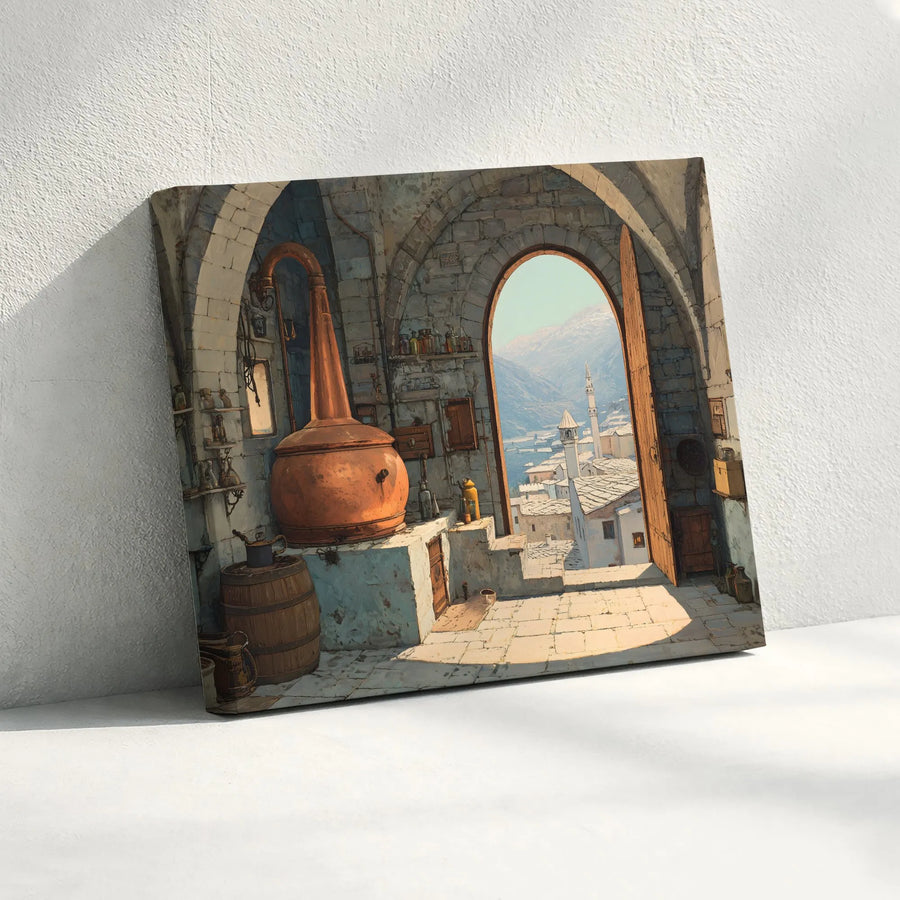 Rustic Copper Alembic Horizontal Canvas | Mediterranean Stone Arch Village Wall Art | 1.25 Inch Gallery Wrap | Alchemist Distillery Home Decor Gift