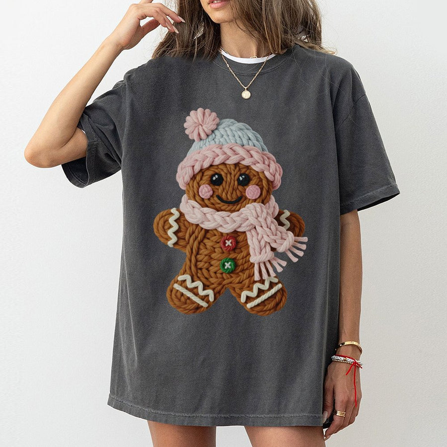 Gingerbread Man T-Shirt | Knitted Yarn Texture Graphic | 100% Cotton Premium Tee | Cute Christmas Gift for Holiday Lovers