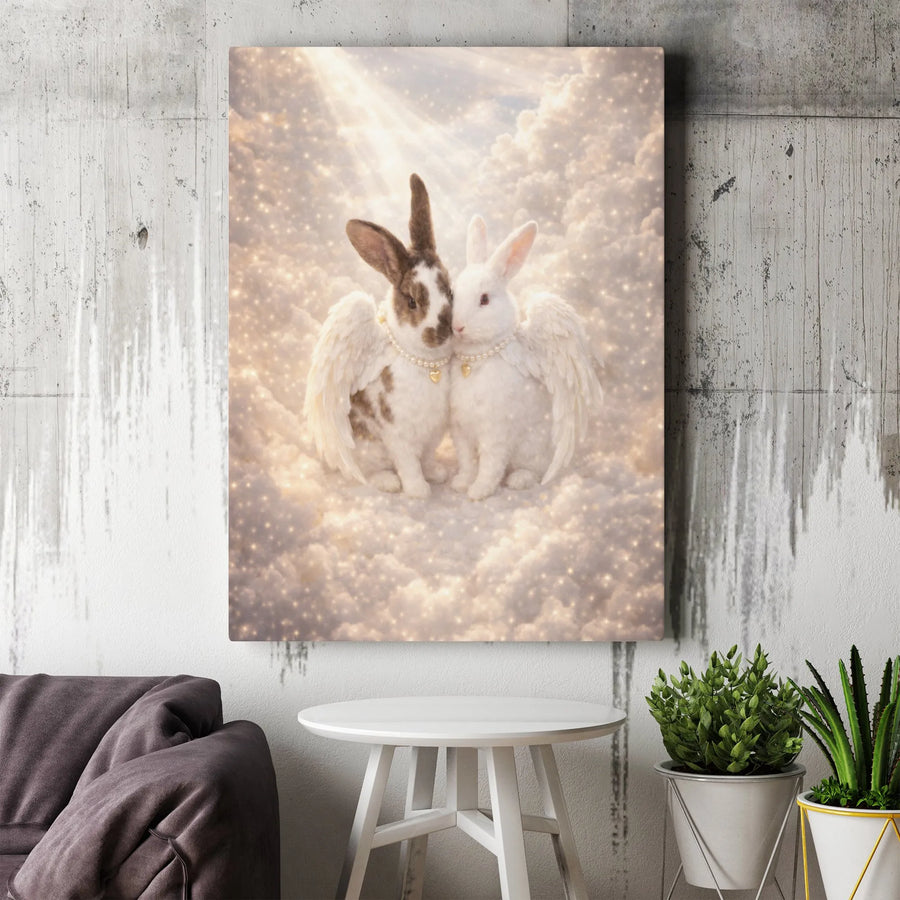 Angel Rabbits Canvas Print | Angel Wing Bunny Couple Art | Gallery Quality Canvas | Unique Pet Memorial Gift for Rabbit Lovers