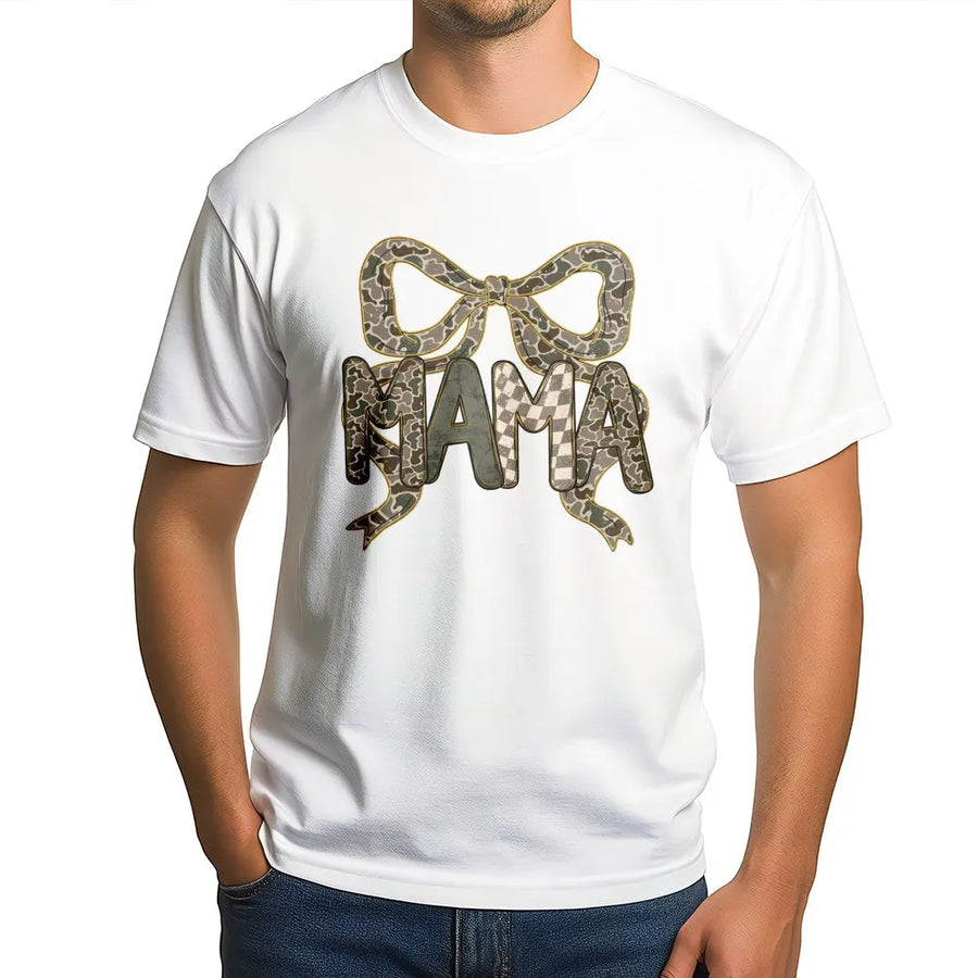 Mama Camo Bow T-Shirt | Trendy Leopard Print Ribbon Graphic | Premium Soft Cotton Tee | Cute Mother's Day 2026 Gift For Mom