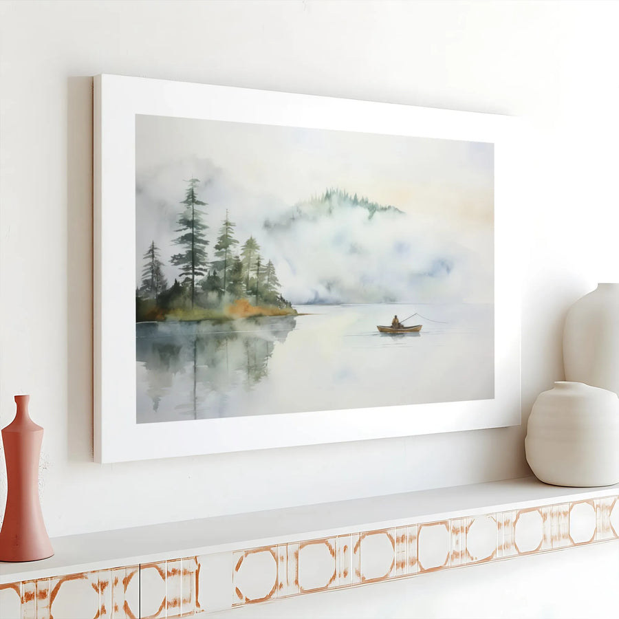 Misty Lake Landscape Canvas Print | Lone Fisherman Watercolor Painting | 1.25-Inch Gallery Wrap | Nature-Inspired Home Office Wall Art Gift