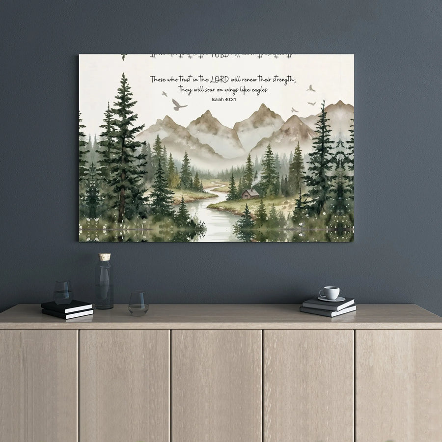 Isaiah 40:31 Wall Art Canvas | Watercolor Mountain Landscape Print | Premium 1.25 Inch Gallery Wrap | Christian Home Decor Gift for Faithful