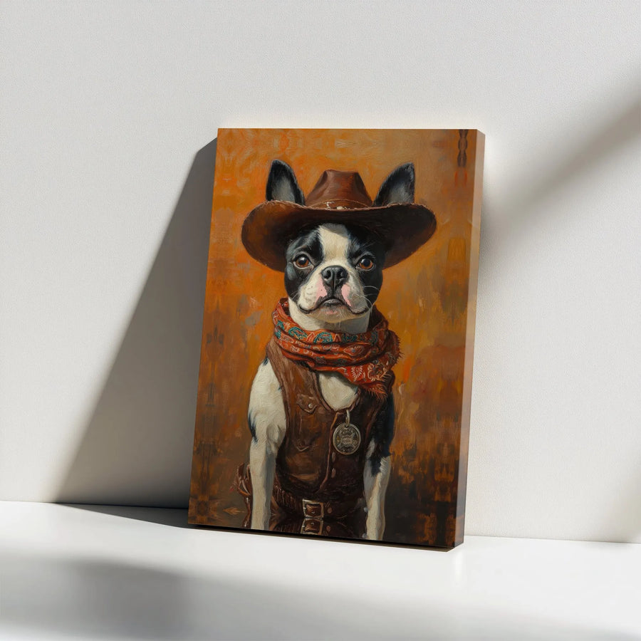 Boston Terrier Cowboy Canvas Wall Art | Western Sheriff Dog Portrait | Premium Gallery Wrapped Canvas | Gift for Dog Lover, Rustic Farmhouse Decor