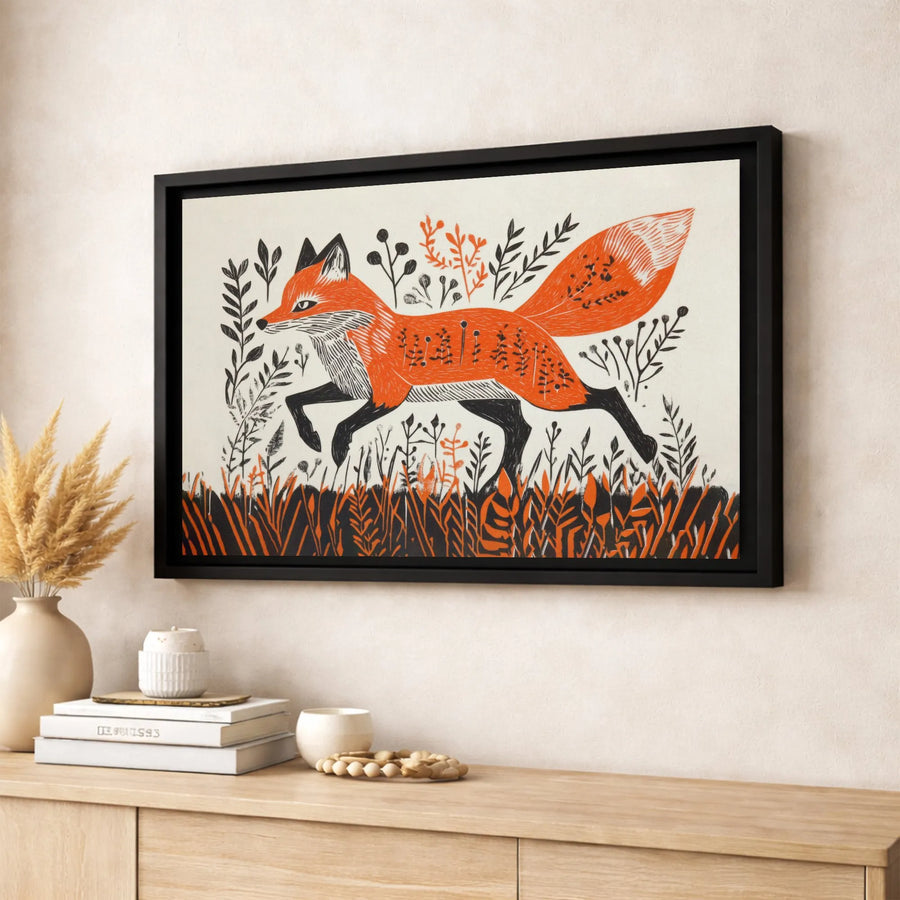 Fox Canvas Wall Art | Mid-Century Modern Linocut Illustration | Premium Fade-Resistant Print | Wildlife Nature Decor Gift for Nature Lovers