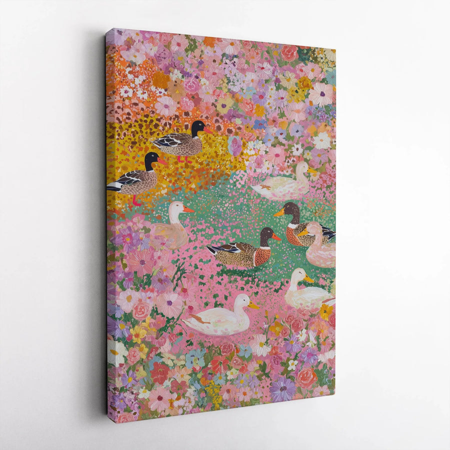 Floral Duck Painting Canvas Print | Whimsical Garden Pond Wall Art | 1.25" Premium Gallery Wrapped | Nature Lover Gift for Home Decor