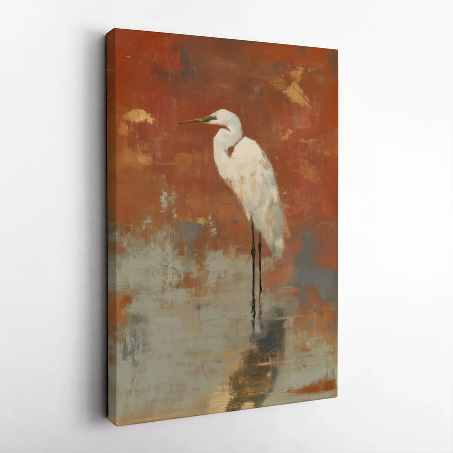 Heron Canvas Wall Art | Abstract Egret Painting in Terracotta | Premium Gallery Wrapped Print | Modern Coastal Decor Gift for Nature Lover
