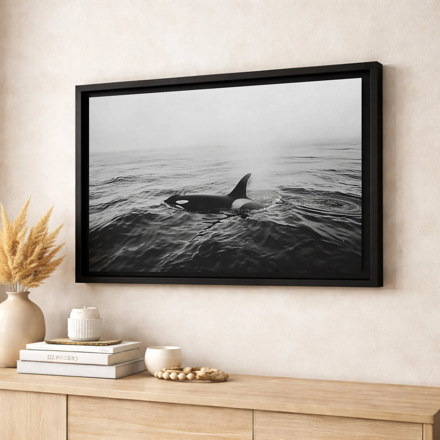 Orca Whale Canvas Wall Art | Moody Black and White Foggy Ocean Print | Premium Gallery-Wrapped Decor | Nature Wildlife Home Office Gift