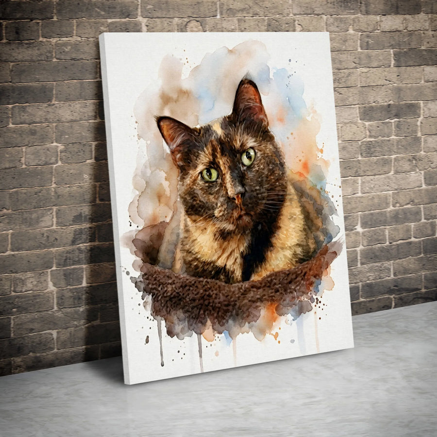 Tortoiseshell Cat Wall Art | Watercolor Animal Portrait | Premium Gallery-Wrapped Canvas | Gift for Cat Lovers & Pet Owners