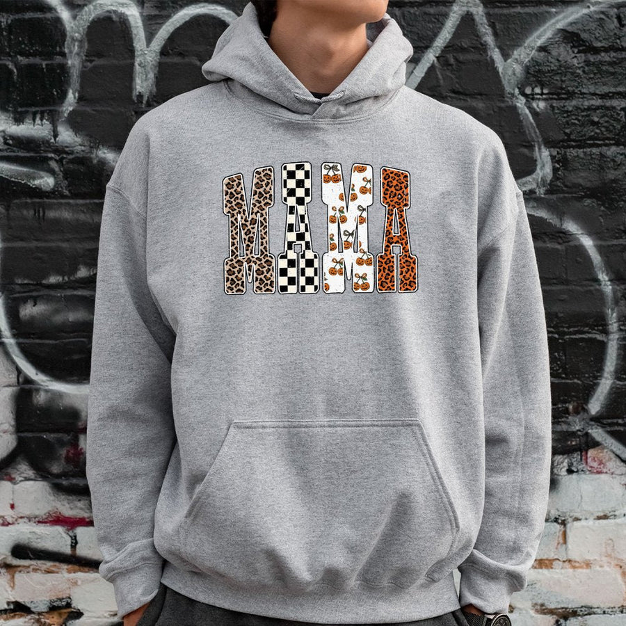 Mama Hoodie | Fall Pumpkin Leopard Checkered Print | Premium Cotton-Blend Sweatshirt | Trendy Halloween Gift for Mom