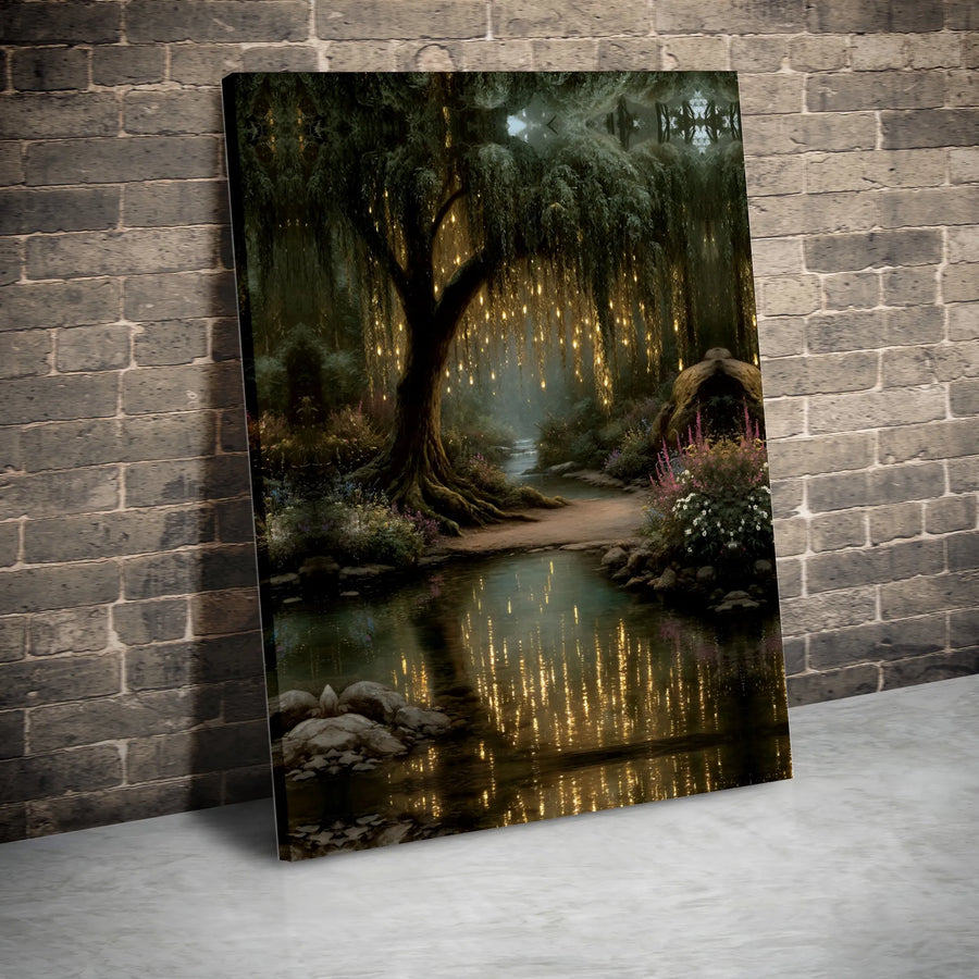 Enchanted Forest Canvas Art | Weeping Willow with Glowing Lights Print | Premium Gallery Wrapped Canvas | Fantasy Lover Gift & Magical Bedroom Decor