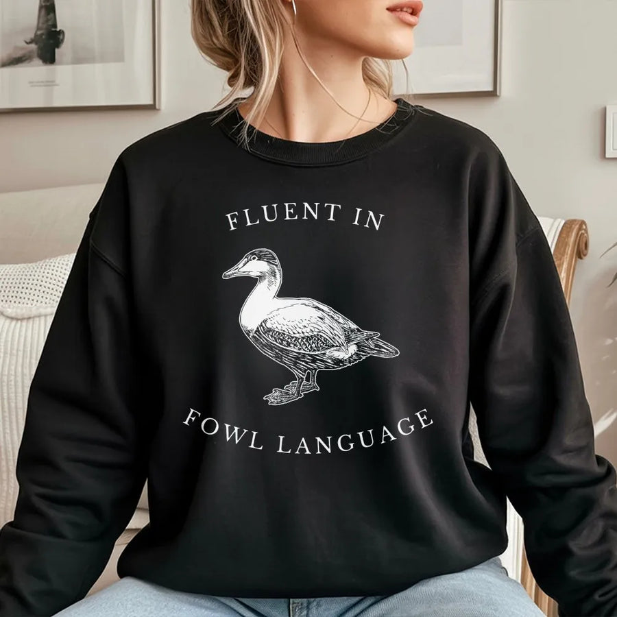 Fluent In Fowl Language Sweatshirt | Vintage Duck Illustration Graphic | Premium Cotton Blend | Funny Gift For Duck Lover, Farmer, Homesteaders