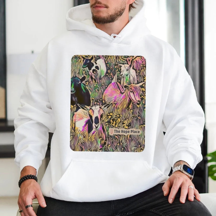 Artistic Goat Hoodie | Colorful Psychedelic Farm Animal Graphic | Premium Cotton-Poly Blend | Unique Gift for Animal Lovers